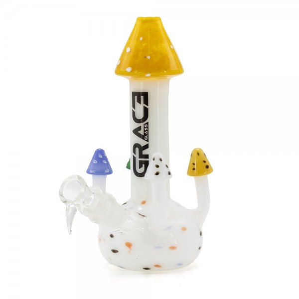 Grace Glass | Magic Mushrooms Bong (Yellow Top) - H:24.5cm - Ø:6.5/3.5mm - SG:18.8mm